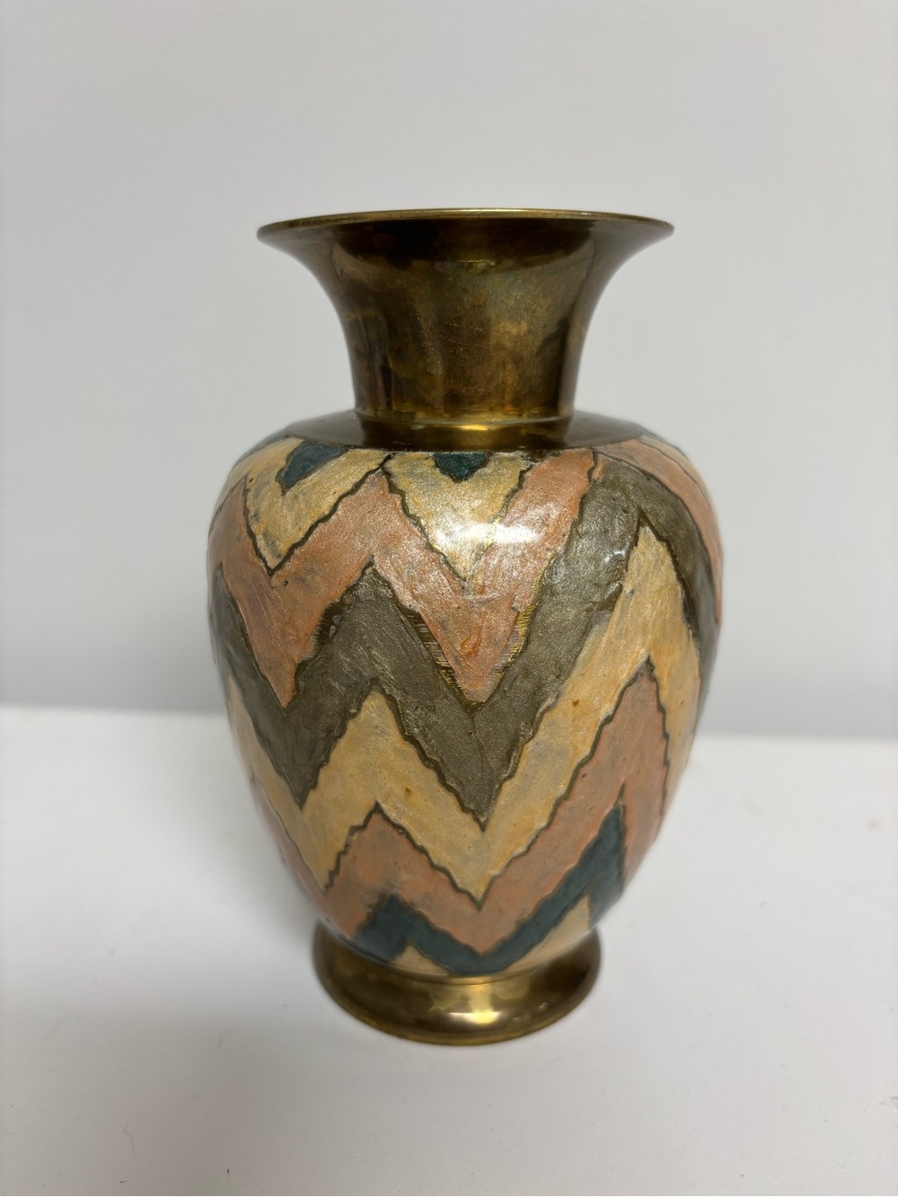 Brass Chevron Accent Vase in Pink, Gold, and Gray